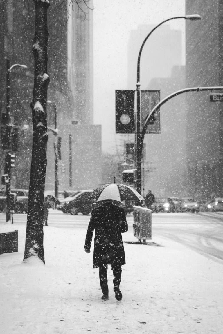 Snowing in Canada, A guy is walking with umbrella