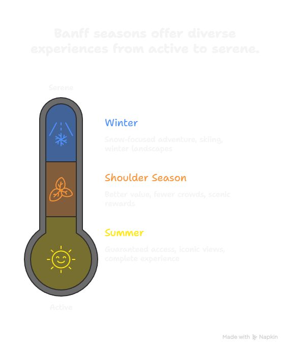 Visual guide showing the best time to visit Banff for first time visitors, comparing summer, shoulder season, and winter based on access, crowds, and travel experience from active to serene.