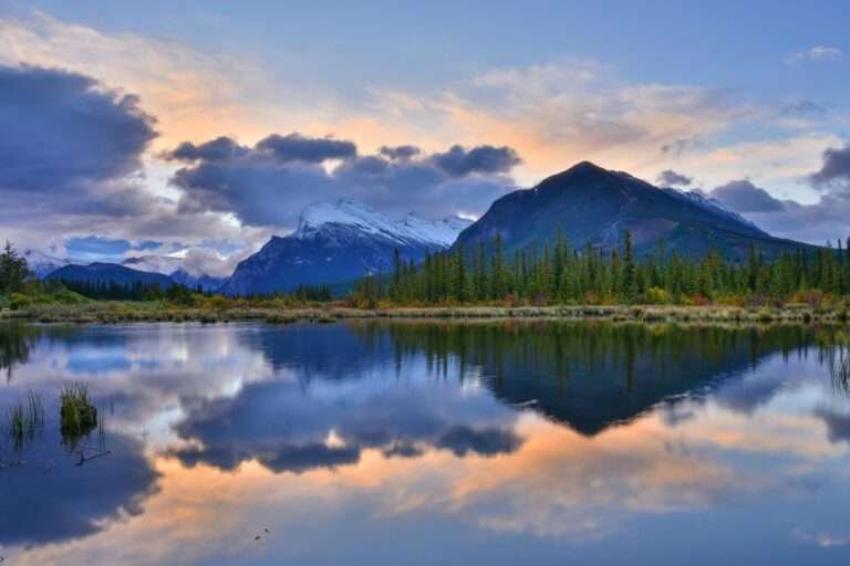 Beautiful sunrise over Vermilion Lakes with Mount Rundle reflection in Banff, Alberta.